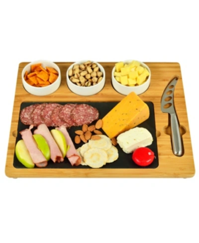 Picnic At Ascot Deluxe Bamboo, Slate Cheese Board, 3 Bowls, Multifunction Knife In Natural