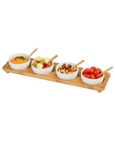 Picnic At Ascot Bamboo Divided Serving Platter With 4 Bowls And 4 Bamboo Spoons In Natural