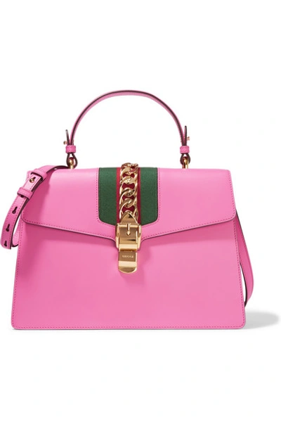Gucci Sylvie Canvas And Chain-trimmed Leather Shoulder Bag In Pink