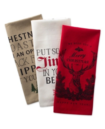 Design Imports Assorted Stag Christmas Print Dishtowel Set In Red