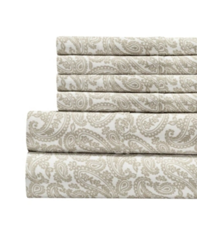 Aspire Linens Paisley Printed 100% Cotton 300 Thread Count 6 Pc. Sheet Set, Queen Bedding In Sand