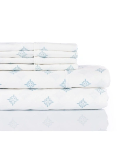 Aspire Linens Printed 100% Cotton 300 Thread Count 6 Pc. Sheet Set, Queen Bedding In Blue