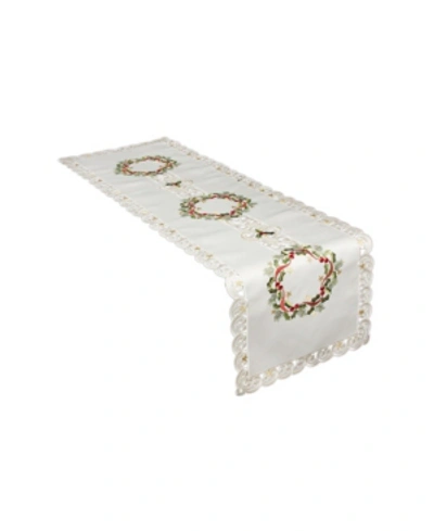 Xia Home Fashions Ribbon Wreath Embroidered Cutwork Christmas Table Runner, 15" X 53" In Ivory