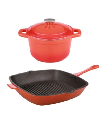 Berghoff Neo 3-pc. Cast Iron Set: 3-qt. Covered Dutch Oven And 11" Grill Pan In Orange