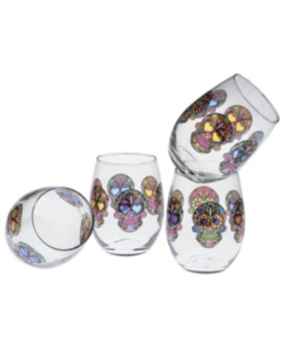 Culver Sugar Skull Stemless Wine Glass 15-ounce Set Of 4 In Multi