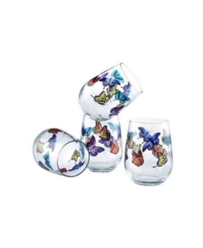 Culver Butterflies Stemless Wine Glass 15-ounce Set Of 4 In Multi