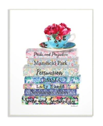 Stupell Industries Floral Book Stack Tea Cup Wall Plaque Art, 12.5" X 18.5" In Multi