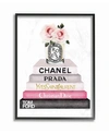 STUPELL INDUSTRIES BOOK STACK FASHION CANDLE PINK ROSE FRAMED GICLEE ART, 16" X 20"