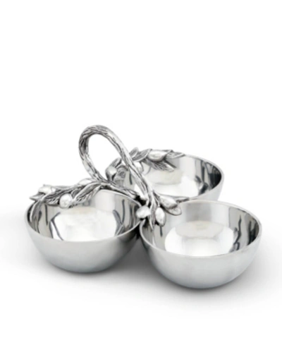 Arthur Court Sand-cast Aluminum 3 Compartment Olive Pattern Condiment Serving Bowl In Silver