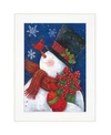 TRENDY DECOR 4U TRENDY DECOR 4U CHEERY SNOWMAN WITH PRESENT BY DIANE KATER, READY TO HANG FRAMED PRINT, WHITE FRAME 