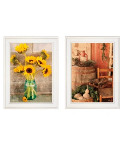 Trendy Decor 4u Vintage-like Country Sunflowers 2-piece Vignette By Anthony Smith, White Frame, 19" X 15" In Multi