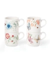 Lenox Butterfly Meadow Kitchen Stack Mugs Set/4, Created For Macy's In White With Multi-color Botanical Design
