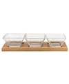 BADASH CRYSTAL HOSTESS SET 4 PIECE WITH 3 GLASS CONDIMENT OR DIP BOWLS ON A WOOD TRAY