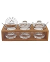 BADASH CRYSTAL GLASS JAM SET WITH 3 GLASS JARS AND SPOONS ON A WOOD STAND