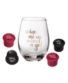 LILLIAN ROSE WINE LOVER WINE GLASS WITH WINE ME UP SAYING AND 4 WINE BOTTLE STOPPERS