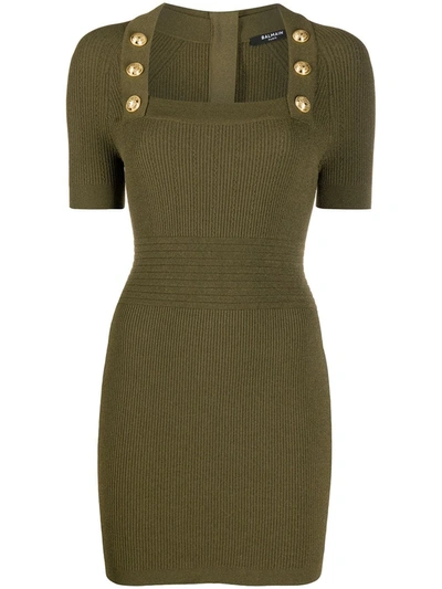 Balmain Women's Short-sleeve Button-detailed Knit Dress In Olive