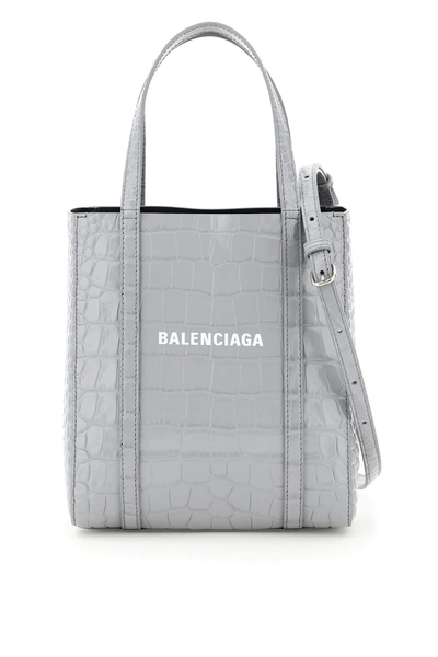 Balenciaga Everyday Xxs Croco Print Leather Shopper In Grey