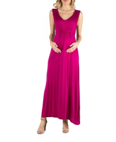 24seven Comfort Apparel V Neck Sleeveless Maternity Maxi Dress With Belt In Magenta