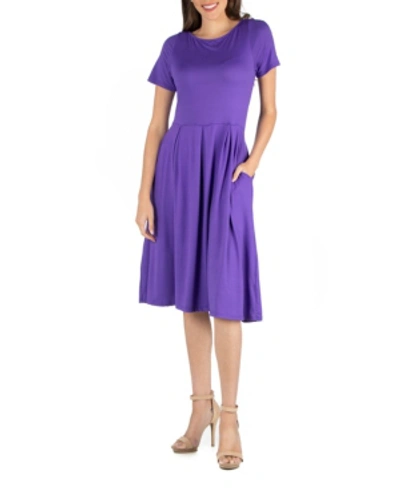 24seven Comfort Apparel Midi Dress With Short Sleeves And Pocket Detail In Purple