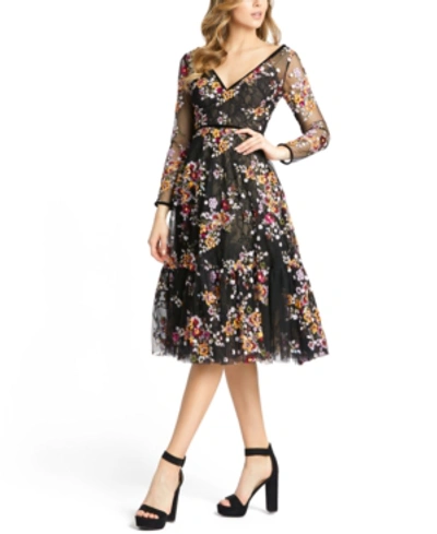 Mac Duggal Sequined Floral Lace Long-sleeve Illusion Dress In Black Multi
