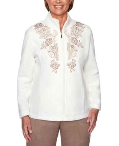 Alfred Dunner Petite First Frost Embroidered Fleece Jacket In Ivory