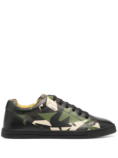 Fendi Camo Bugs Leather Mid-top Trainers In Black