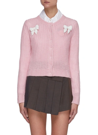 Shushu-tong Bow Appliqué Button Front Cardigan In Pink,white