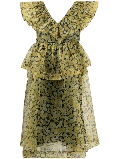 Ganni Ruffled Tiger-print Organza Peplum Midi Dress In Yellow