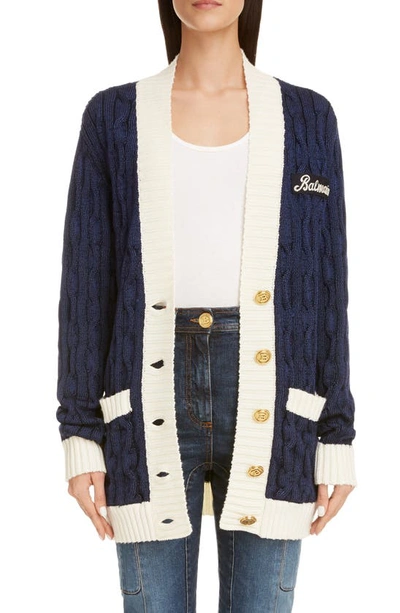 Balmain Oversized Wool Blend Cable Knit Cardigan In Navy
