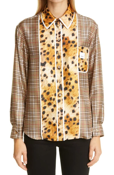 Burberry Spotted Monkey Print Panel Check Oversized Shirt In Soft Fawn Check