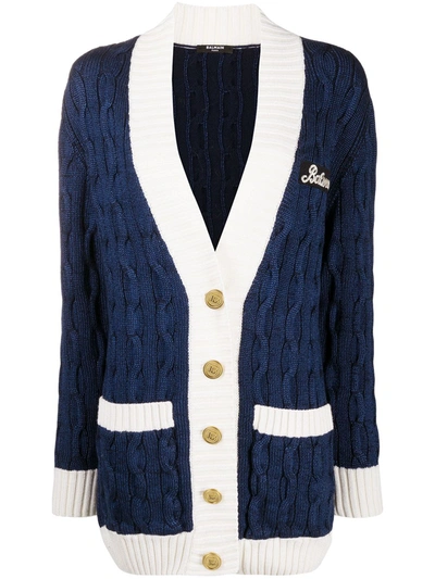 Balmain Oversized Wool Blend Cable Knit Cardigan In Navy