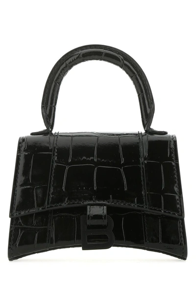 Balenciaga Mini Hourglass Top Handle Shiny Leather Bag In Black