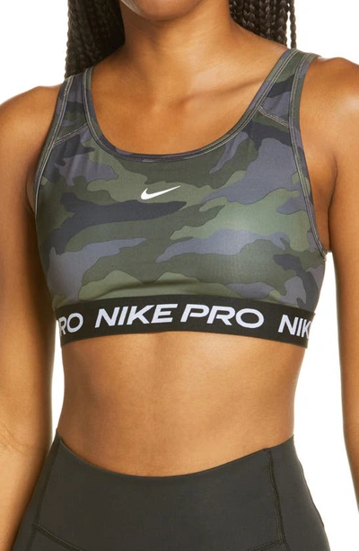 Nike Camo Print Bra In Khaki-green In Thunder Grey/ Black/ White