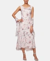 ALEX EVENINGS FLORAL-PRINT A-LINE DRESS & SHAWL