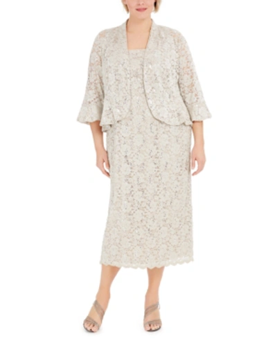 R & M Richards Plus Size Lace Dress & Ruffled Jacket In Champagne