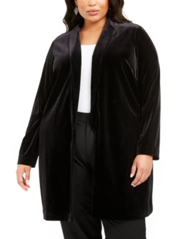 Alfani Plus Size Open-front Long Velvet Jacket, Created For Macy's In Deep Black