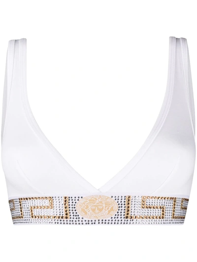 Versace White Greca Border Triangle Bralette In Bianco