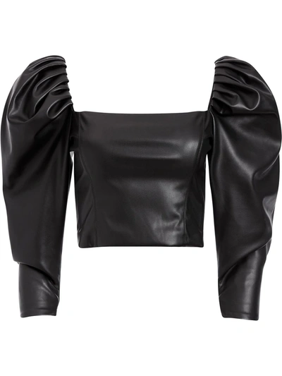 Alice And Olivia Francesca Vegan Leather Cropped Puff-sleeve Top In Black