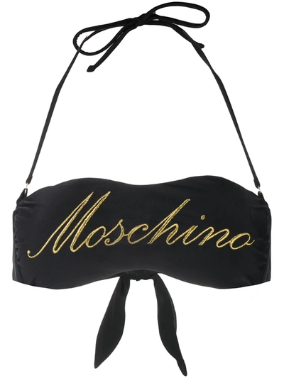 Moschino Logo-embroidered Bandeau Bikini Top In Black