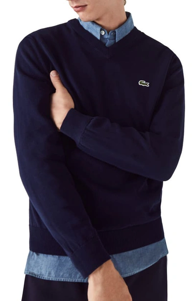 Lacoste Monochrome Cotton V Neck Sweater - M - 4 In Blue