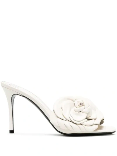 Valentino Garavani Floral Appliqué Leather Mules In White