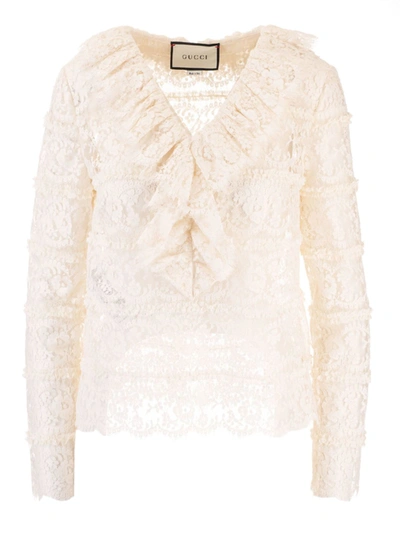 Gucci Ruffles Lace Shirt In Ivory Colour In White