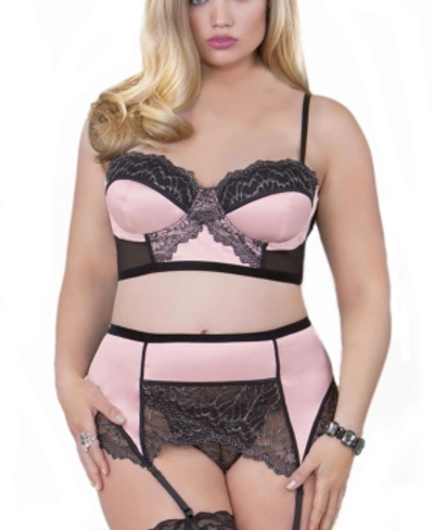 Icollection Women's Plus Size Bustier, Garter & Panty 3pc Lingerie Set In Pink