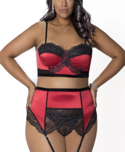 Icollection Women's Plus Size Bustier, Garter & Panty 3pc Lingerie Set In Red