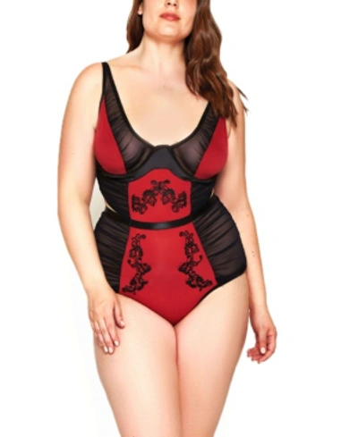 Icollection Women's Plus Size Mesh Rushed Bodysuit Lingerie With Applique And Contrast Panels In Burgundy