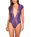 Icollection Women's Jacquard Lace And Mesh Plunge Teddy In Purple