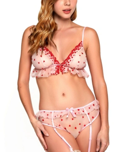 Icollection Women's A Thousand Hearts Ruffle Sheer Lingerie Set In Pink