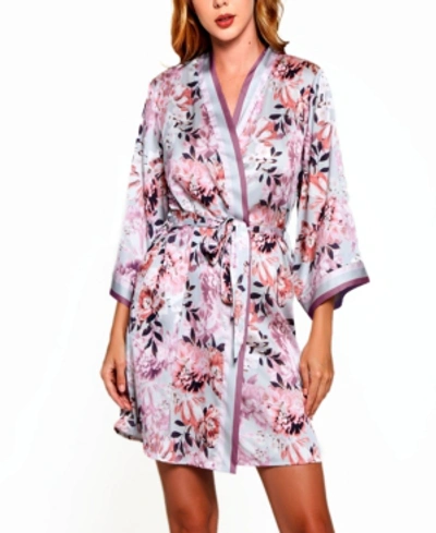 Icollection Women's Plus Size Floral Robe Lingerie With Contrast Trims In Mauve