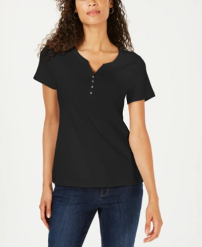 Karen Scott Petite Cotton Henley Top, Created For Macy's In Deep Black