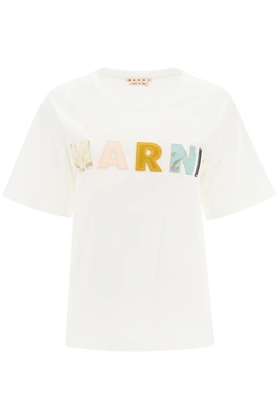Marni Patchwork Logo Embroidered T-shirt In Lily White
